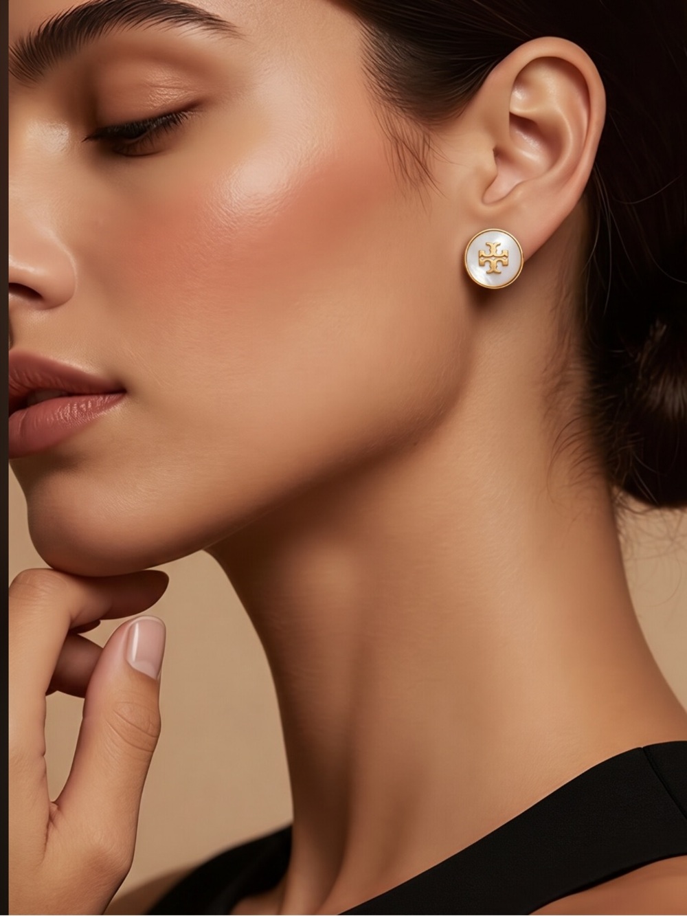 Tory Burch Semi Precious Ivory Mother of Pearl Gold Studs Earrings.